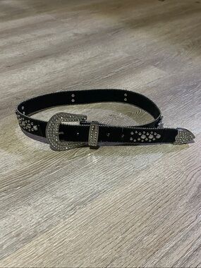 Black Studded Western-Style Belt with Rhinestone Buckle